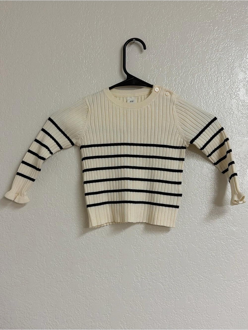 H&M Cream and Black Striped Rib-Knit Crew Sweater with Shoulder Buttons